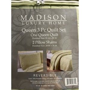 NWT - Madison Luxury Home 3-pc Reversible Queen Size Quilt Set Sage Green